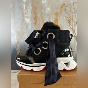 Christian Louboutin Sneaker Bootie w/Fur Trim & Ribbon Laces